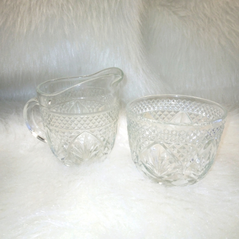 Charming, vintage, pressed glass, creamer and sugar bowl